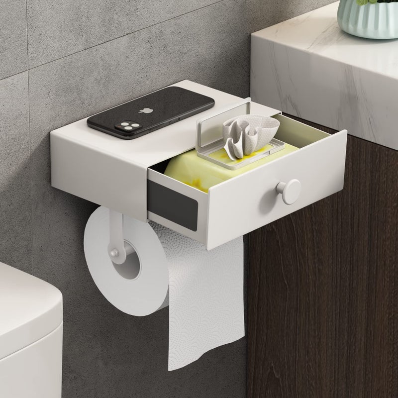 VOLDRA Toilet Paper Holder with Shelf White Wipes Dispenser for Bathroom Toilet Paper Holder with Storage Upgrade Drawer Design Toilet Tissue Holder Adhesive Small Bathroom Shelf Wall Mount - Image 1